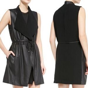Vince Leather Black Wrap Draped Long Vest